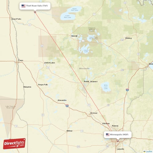 Thief River Falls - Minneapolis direct flight map
