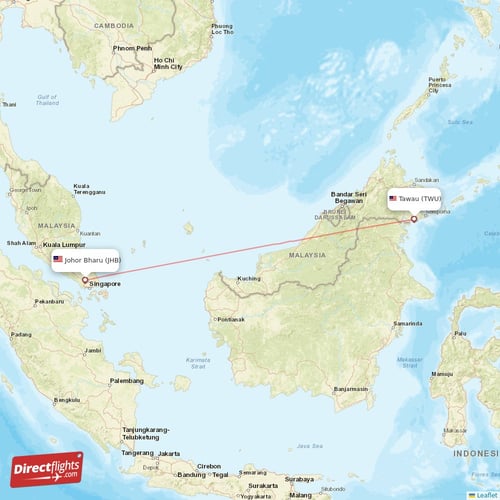 Tawau - Johor Bharu direct flight map