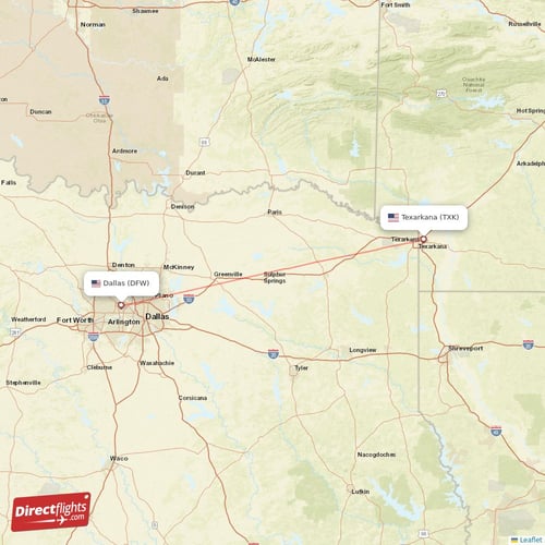 Texarkana - Dallas direct flight map