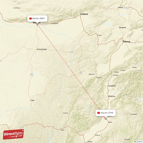 Taiyuan - Baotou direct flight map