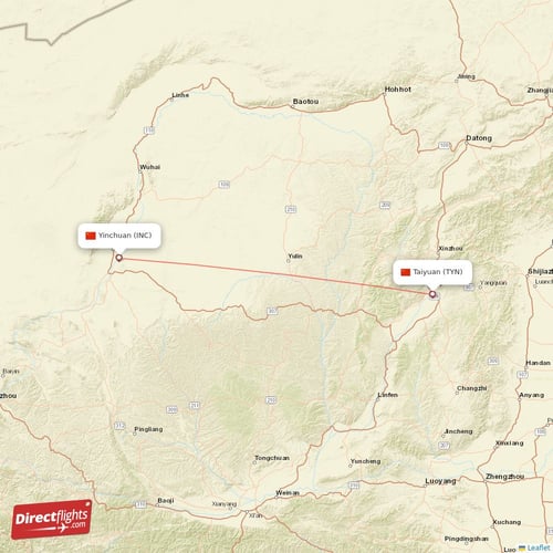 Taiyuan - Yinchuan direct flight map