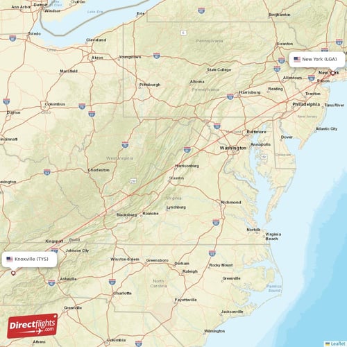 Knoxville - New York direct flight map