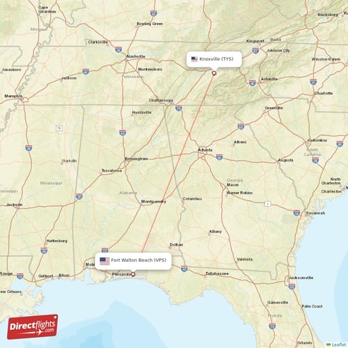 Knoxville - Fort Walton Beach direct flight map