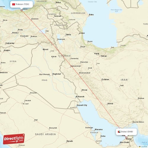 Trabzon - Dubai direct flight map