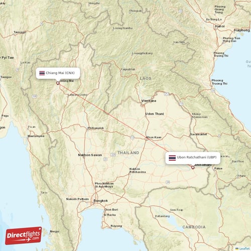 Ubon Ratchathani - Chiang Mai direct flight map