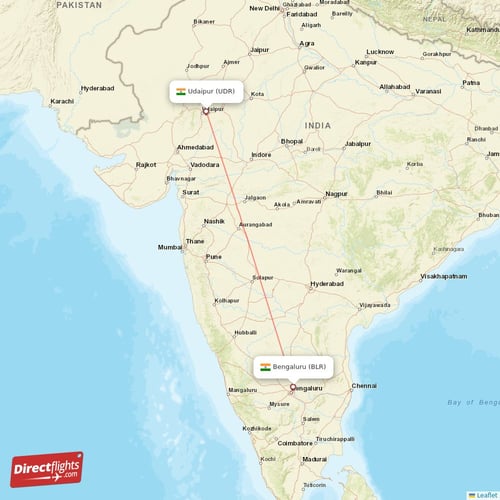 Udaipur - Bengaluru direct flight map