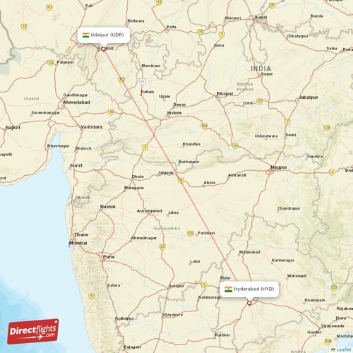 Udaipur - Hyderabad direct flight map