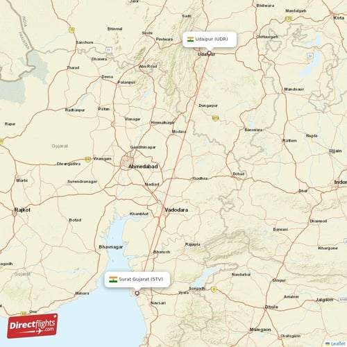 Udaipur - Surat Gujarat direct flight map