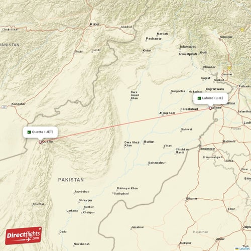 Quetta - Lahore direct flight map
