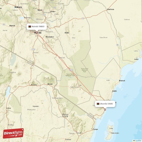 Ukunda - Nairobi direct flight map