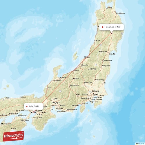 Kobe - Hanamaki direct flight map