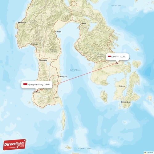 Ujung Pandang - Kendari direct flight map