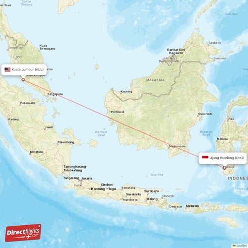 Ujung Pandang - Kuala Lumpur direct flight map