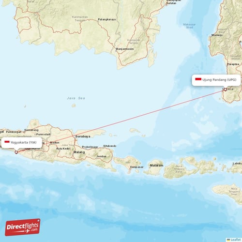 Ujung Pandang - Yogyakarta direct flight map
