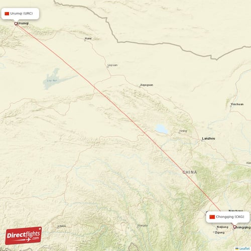 Urumqi - Chongqing direct flight map