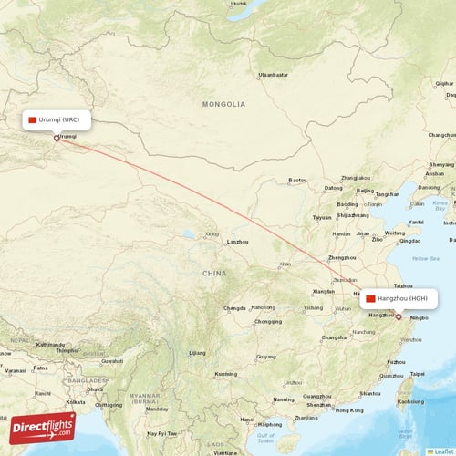 Urumqi - Hangzhou direct flight map