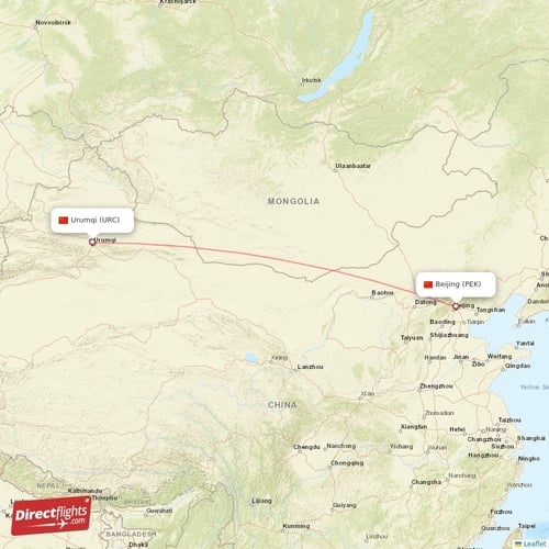 Urumqi - Beijing direct flight map