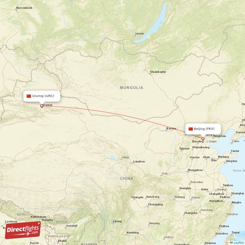 Urumqi - Beijing direct flight map