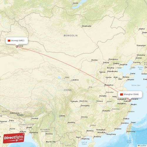 Urumqi - Shanghai direct flight map