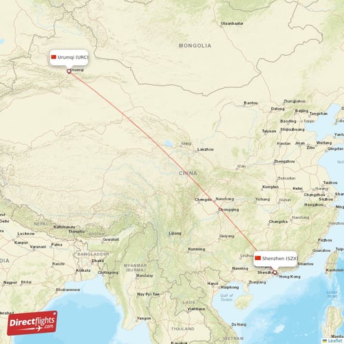 Urumqi - Shenzhen direct flight map