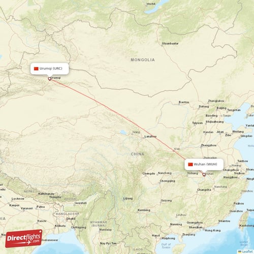 Urumqi - Wuhan direct flight map