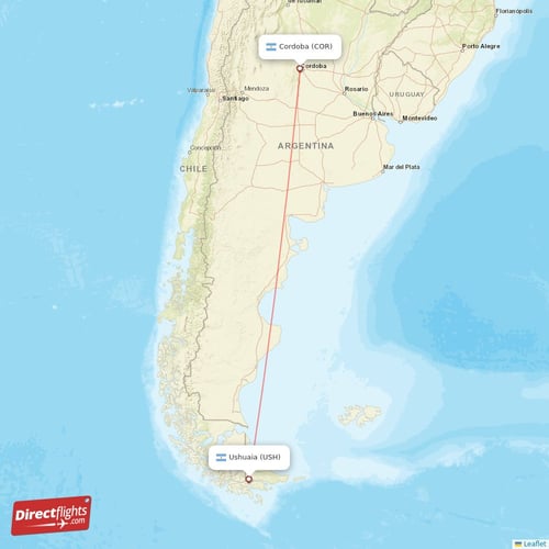 Ushuaia - Cordoba direct flight map