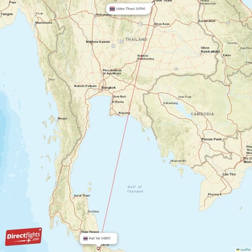 Udon Thani - Hat Yai direct flight map