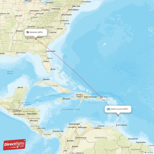 Saint Lucia - Atlanta direct flight map