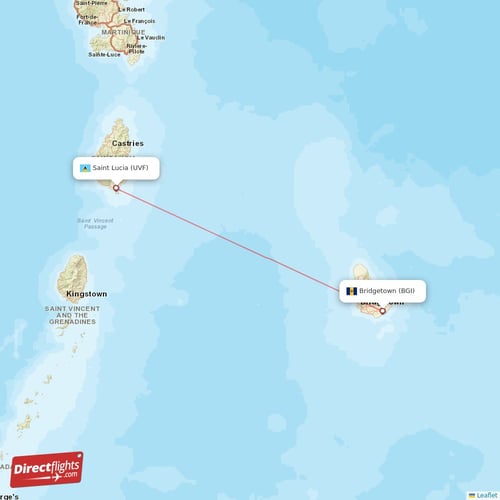 Saint Lucia - Bridgetown direct flight map
