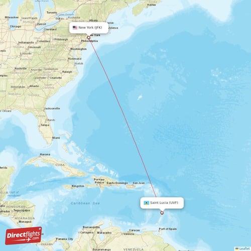 Saint Lucia - New York direct flight map