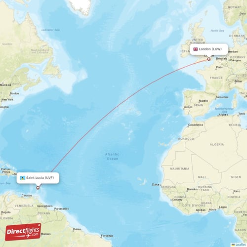Saint Lucia - London direct flight map