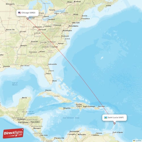 Saint Lucia - Chicago direct flight map