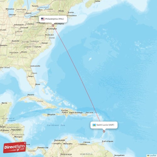 Saint Lucia - Philadelphia direct flight map