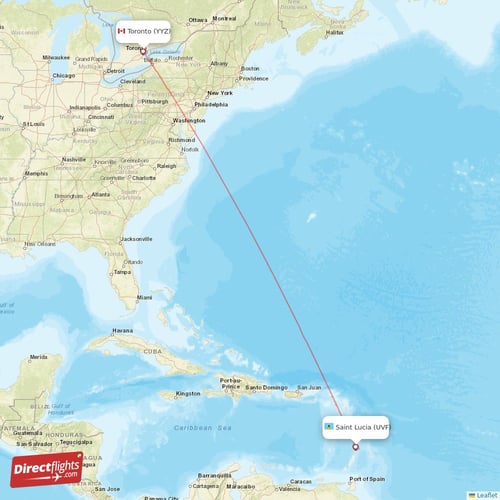 Saint Lucia - Toronto direct flight map