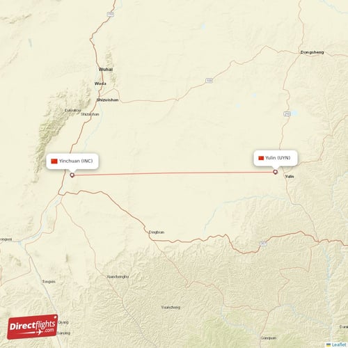 Yulin - Yinchuan direct flight map