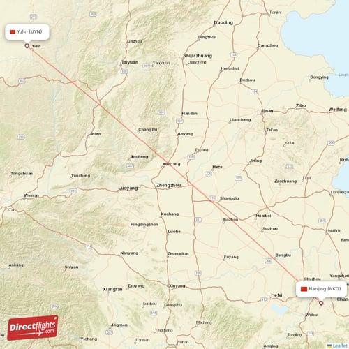 Yulin - Nanjing direct flight map