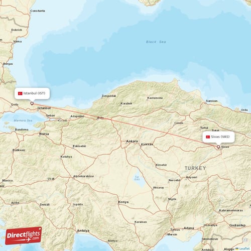 Sivas - Istanbul direct flight map