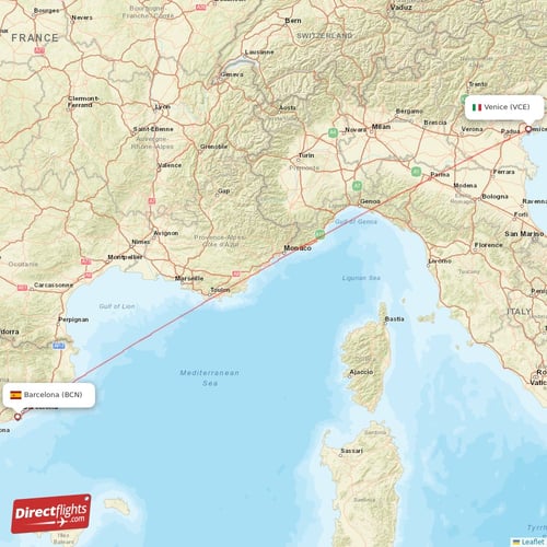 Venice - Barcelona direct flight map