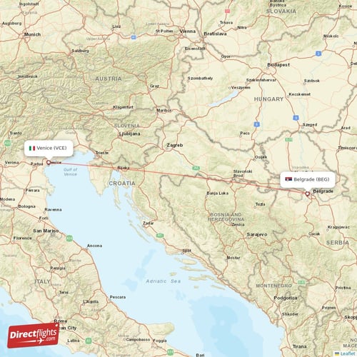 Venice - Belgrade direct flight map