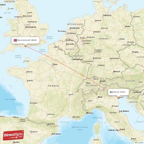 Venice - Bournemouth direct flight map