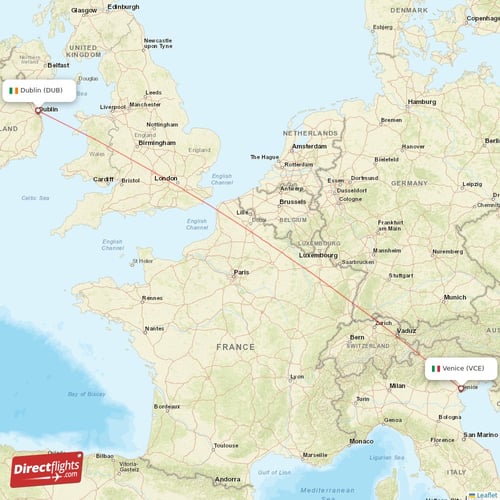 Venice - Dublin direct flight map