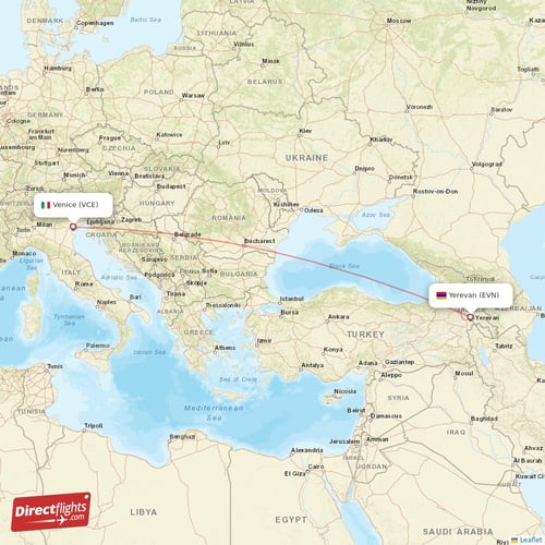 Venice - Yerevan direct flight map