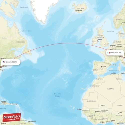 Venice - New York direct flight map