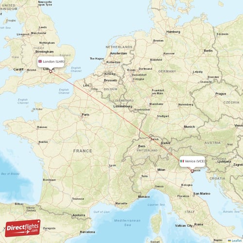 Venice - London direct flight map