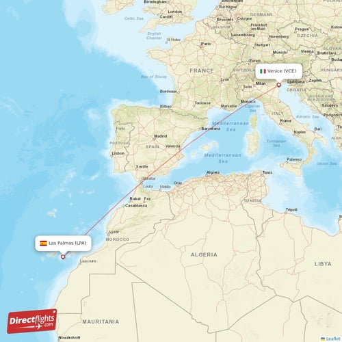 Venice - Las Palmas direct flight map
