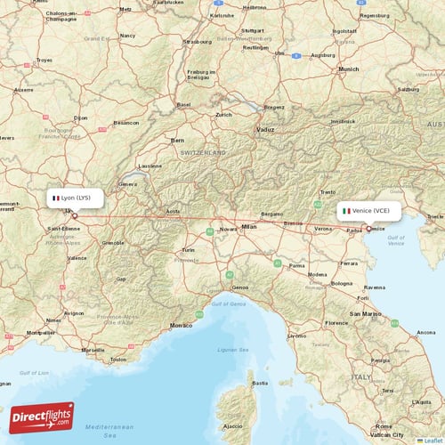 Venice - Lyon direct flight map