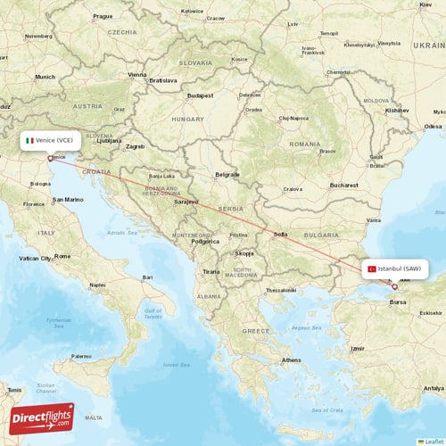 Venice - Istanbul direct flight map