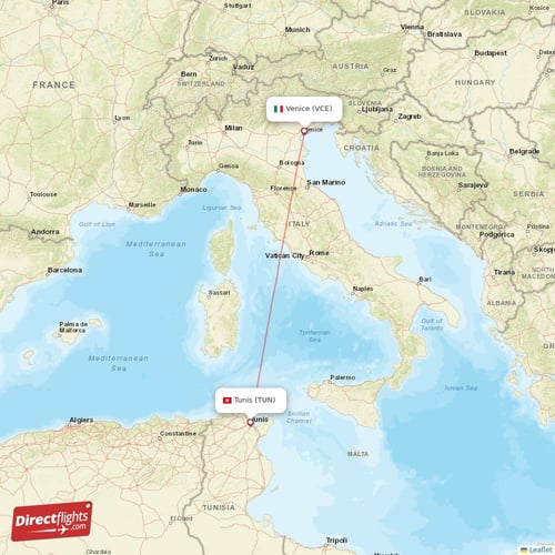 Venice - Tunis direct flight map