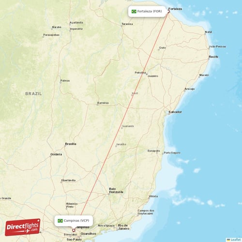 Campinas - Fortaleza direct flight map