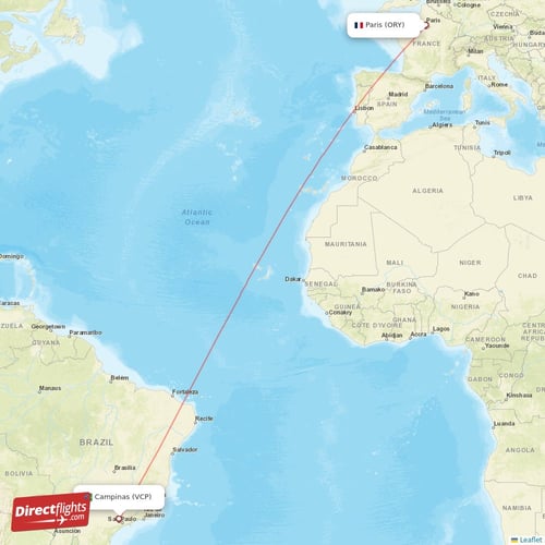 Campinas - Paris direct flight map